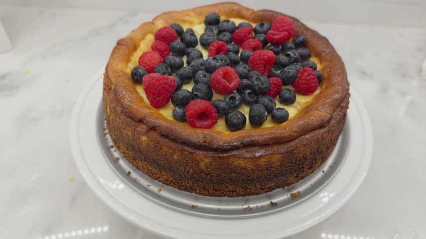 cutting a rasberry and blueberry homemade cheesecake into pieces