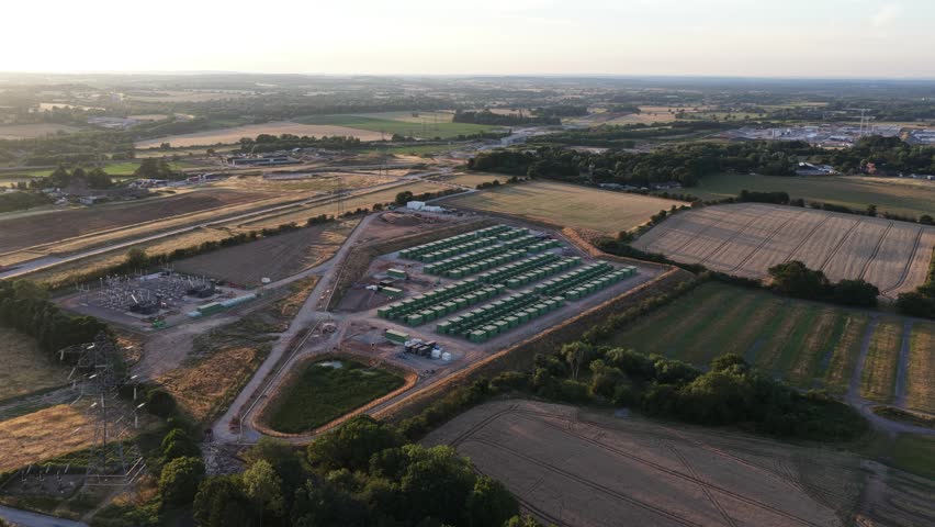 Aerial perspective showing a large scale battery energy storage system - bess - plant for renewable power, located next to an electrical grid substation and surrounded by rural countryside fields