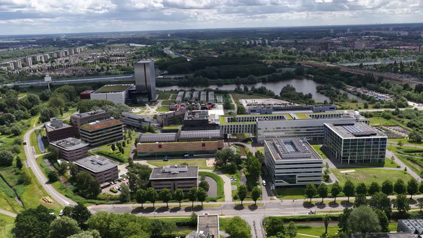 Aerial view of Amsterdam Science Park, showing research institutes, university buildings, ICT companies, biotechnology facilities and knowledge-intensive innovation campus.