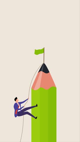 animation of young artistic man scaling pencil mountain to attain victory flag at the summit.