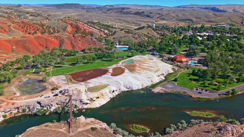 Panoramic aerial view of Hot Springs State Park in Thermopolis Wyoming with the Bighorn River flowing through the landscape