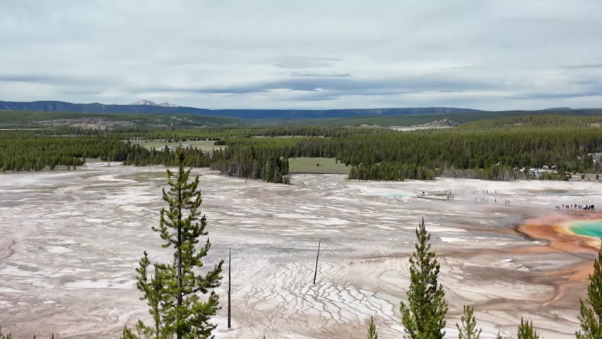 Vivid rainbow colored Grand Prismatic Spring seen from the scenic overlook point in Yellowstone