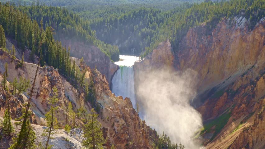 A panoramic view from Artist Point overlooks Lower Falls and the Grand Canyon of the Yellowstone in Yellowstone National Park