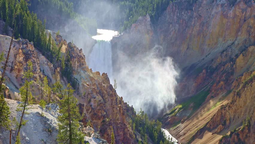 A panoramic view from Artist Point overlooks Lower Falls and the Grand Canyon of the Yellowstone in Yellowstone National Park