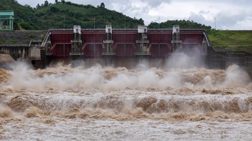 Drone footage captured at Buon Kuop Hydropower Dam in Nam Da Commune, Lam Dong Province, Vietnam. Filmed with a 3x telephoto lens, the shot tightly frames the spillway as massive volumes of water surge through the floodgates. Powerful currents, exploding spray, and dense whitewater dominate the frame, emphasizing the raw force and energy of the dam operating at full flood discharge capacity.