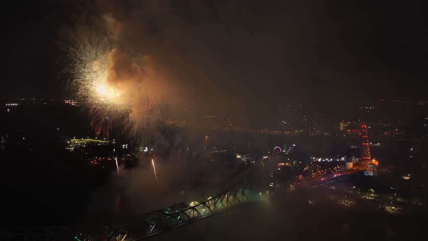 Montreal fireworks over Jacques Cartier Bridge and La Ronde amusement park at night, Quebec, Canada. g.