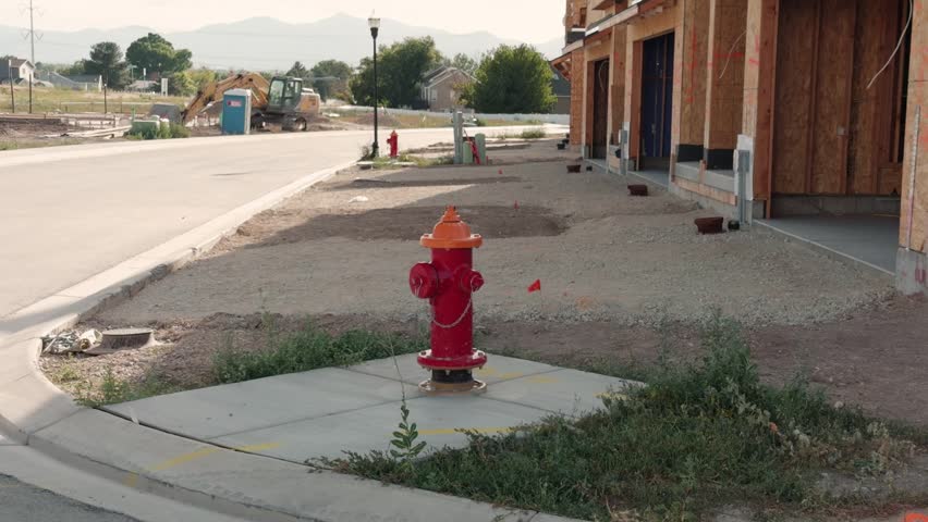 Slow right-to-left tracking shot of a red fire hydrant beside new homes under construction.