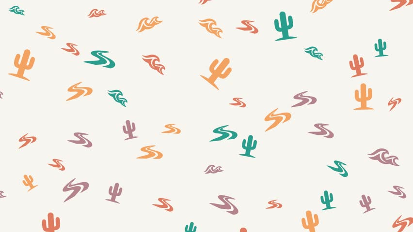 Scattered desert cactus waves and abstract shapes on a cream background