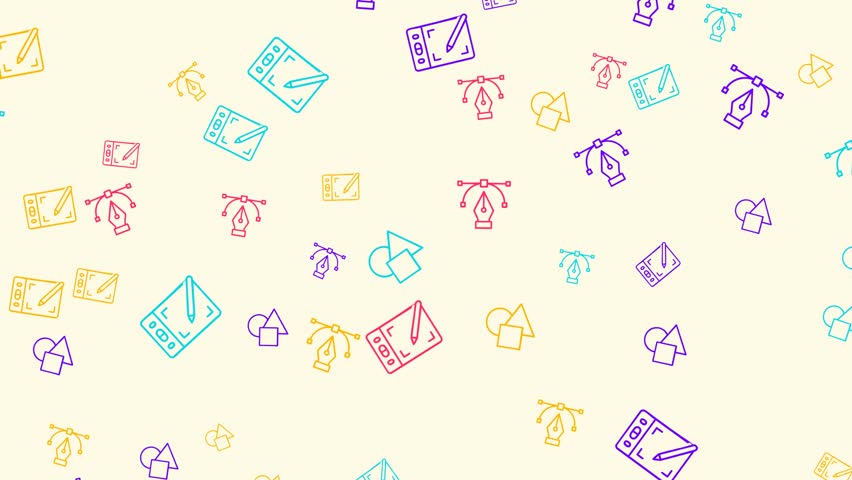Seamless pattern of colorful graphic design icons on a cream background