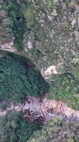 Top-down drone shot of Wentworth Falls cascading into a lush eucalyptus canyon in Australia.