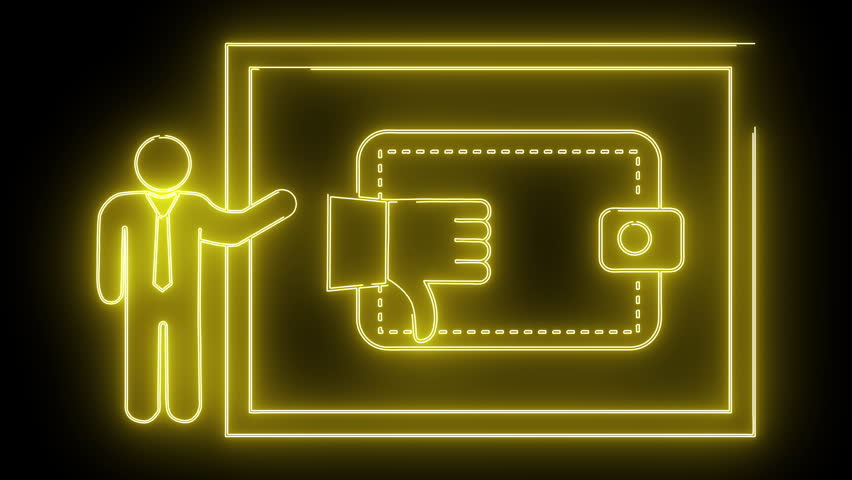 Yellow neon outline shows presentation of thumbs down on wallet