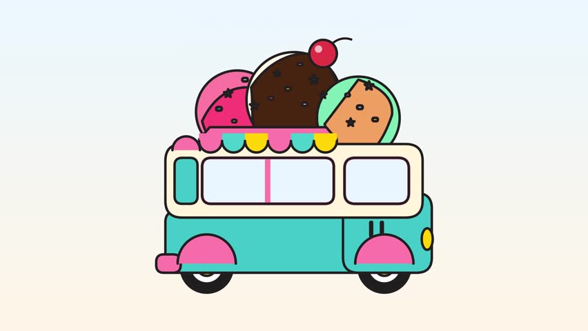 A charming and colorful vector illustration of a retro ice cream truck topped with giant scoops of chocolate, strawberry, and orange ice cream.