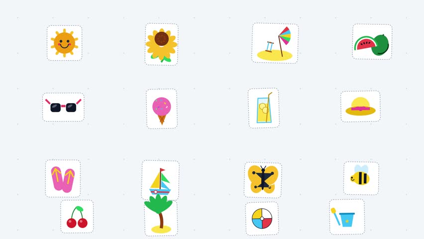 A collection of minimalist summer-themed pixel art icons including sun, watermelon, ice cream, and beach elements on small square cards.
