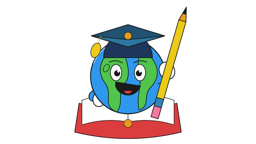 A cheerful cartoon globe character wearing a blue graduation cap and holding a yellow pencil, sitting on an open red book. Isolated vector illustration.
