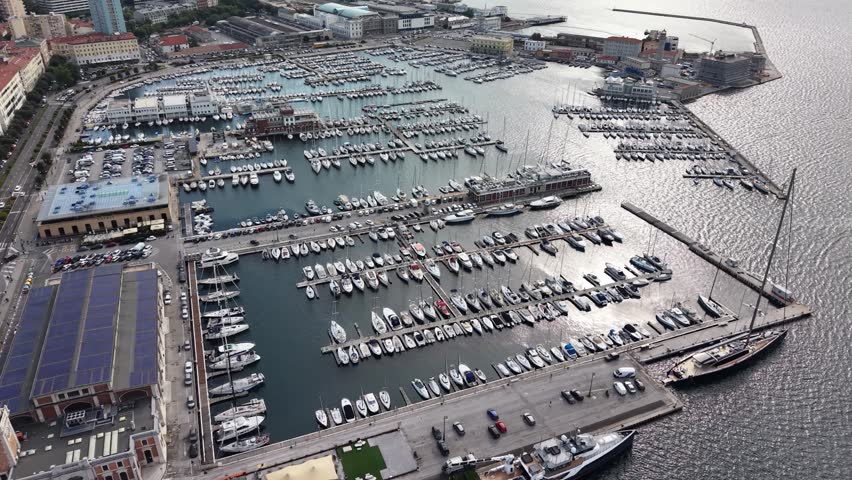 Aerial view of yacht harbour and marina in Trieste city, Italy
