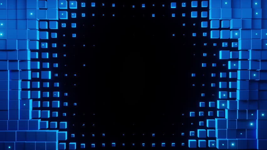 A futuristic abstract background featuring an array of glowing blue digital cubes arranged in a fading pattern, creating a frame around a dark central area. This dynamic design provides ample copy
