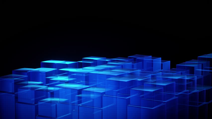 An abstract background features a dynamic arrangement of translucent blue cubes glowing brightly against a dark, empty space. This digital art piece evokes concepts of data, technology, and