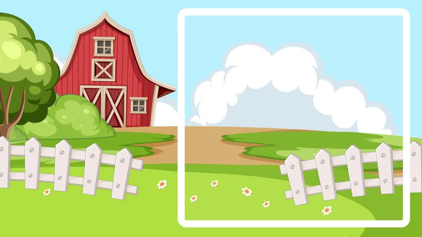 Animated educational graphic showing the letter A and an ambulance over a farm landscape.