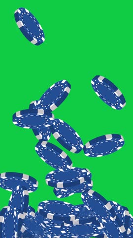Blue casino chips fall and bounce against a solid green background in vertical orientation.