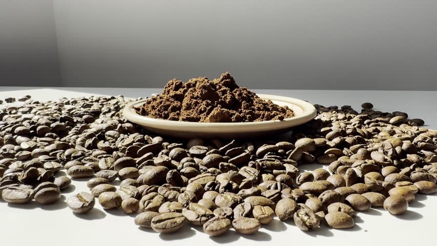 Ground coffee in a plate on a table. Coffee beans are scattered around it.