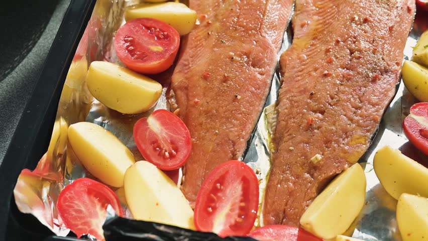 Salmon fillets are placed alongside sliced tomatoes and potatoes on a baking tray ready for cooking