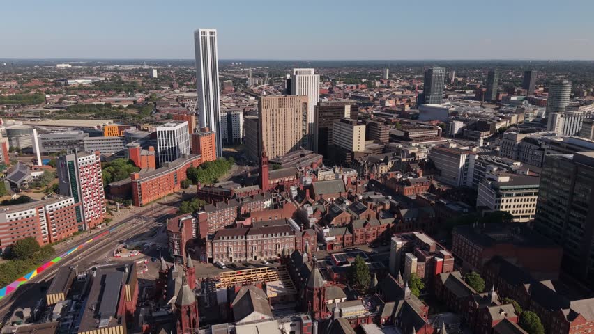Drone aerial view of Birmingham city centre highlighting the striking contrast between historic Victorian architecture and the modern skyline, showcasing urban regeneration, iconic skyscrapers and the