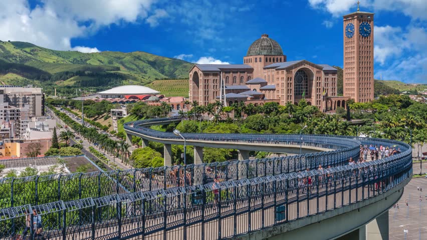 Aparecida, Sao Paulo, Brazil  Catholic Temple At Aparecida In Sao Paulo Brazil. Sunny Day Aparecida Brazil. Our Lady Basilica. Downtown City.Aerial view of the Shrine of Nossa Senhora A  Sao Paulo, . Patroness of . Church, temple, religion, faith. Catholic church. Catholic Religion. Catholic Priest.