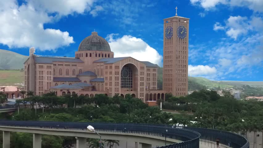 Religion church sanctuary landmark at Brazil. Famous Religion shrine of Brazil. Famous catholic church temple at state of Sao Paulo. Catholic religion priest. Sao Paulo, Brazil Catholic Temple AtIn Sao Paulo  Sunny Day Aparecida  Our Lady Basilica. Downtown City.