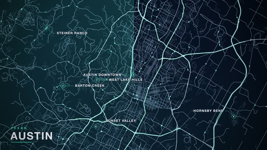 Map of Austin, Texas, United States, with a glowing motorway and street network, travelling points of traffic light, a radar sweep and pulsing markers on key districts including Hornsby Bend, Steiner Ranch, Barton Creek, West Lake Hills, animated city navigation background, seamless loop animation.
