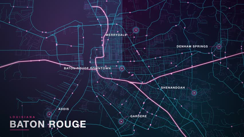 Map of Baton Rouge, Louisiana, United States, in neon cyberpunk night styling, magenta and cyan glowing streets with scanlines and octagon markers on districts including Denham Springs, Shenandoah, Merrydale, Addis, animated city navigation background, seamless loop animation.