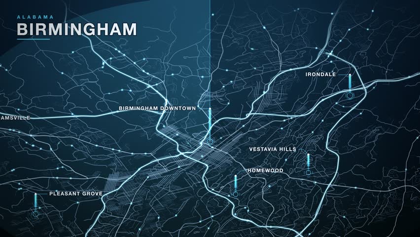 Map of Birmingham, Alabama, United States, in a tilted isometric view, glowing district towers rising from the street plane above a hazy horizon over districts including Adamsville, Vestavia Hills, Irondale, Pleasant Grove, animated city navigation background, seamless loop animation.