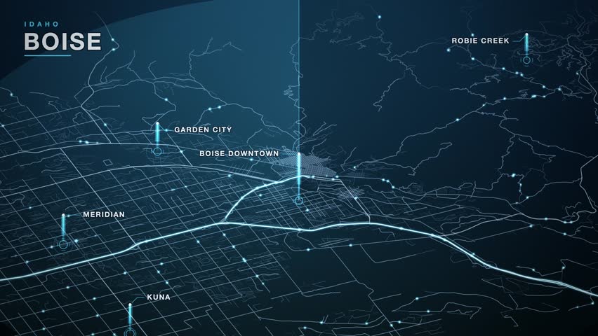Map of Boise, Idaho, United States, in a tilted isometric view, glowing district towers rising from the street plane above a hazy horizon over districts including Meridian, Robie Creek, Kuna, Garden City, animated city navigation background, seamless loop animation.