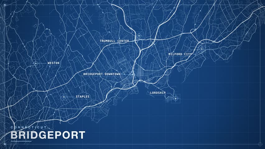 Map of Bridgeport, Connecticut, United States, drawn as a technical blueprint, fine white drafting lines on deep blue paper with survey crosshairs, a plotter scan line and labelled districts including Milford City, Trumbull Center, Staples, Weston, animated city navigation background, seamless loop animation.