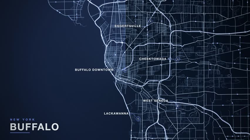 Map of Buffalo, New York, United States, with a glowing motorway and street network, travelling points of traffic light, a radar sweep and pulsing markers on key districts including Cheektowaga, West Seneca, Lackawanna, Eggertsville, animated city navigation background, seamless loop animation.