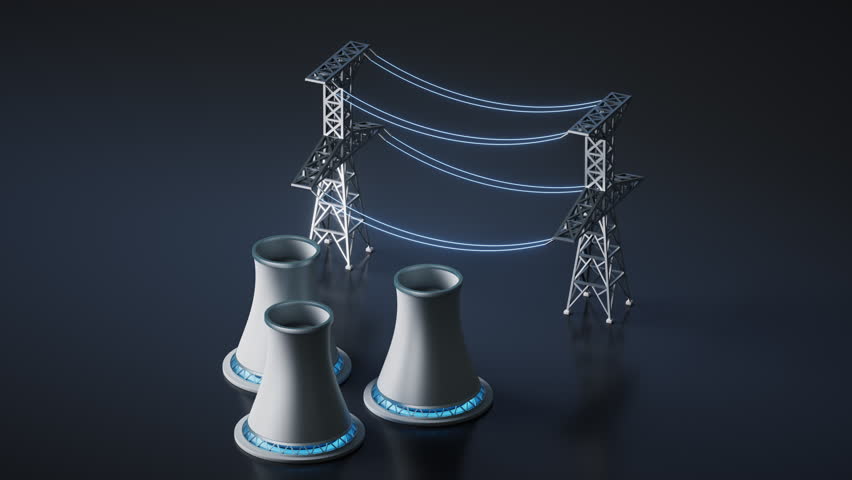Industry power plant chimney and transmission tower, 3d rendering. Motion Graphic.