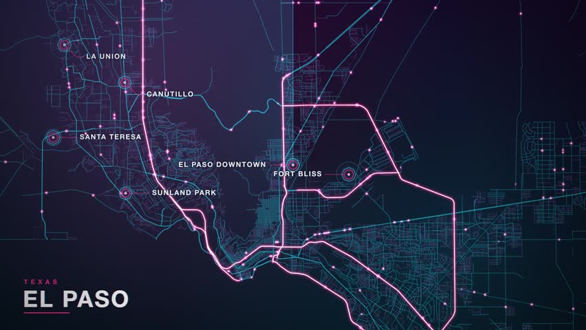 Map of El Paso, Texas, United States, in neon cyberpunk night styling, magenta and cyan glowing streets with scanlines and octagon markers on districts including Fort Bliss, Sunland Park, Santa Teresa, La Union, animated city navigation background, seamless loop animation.