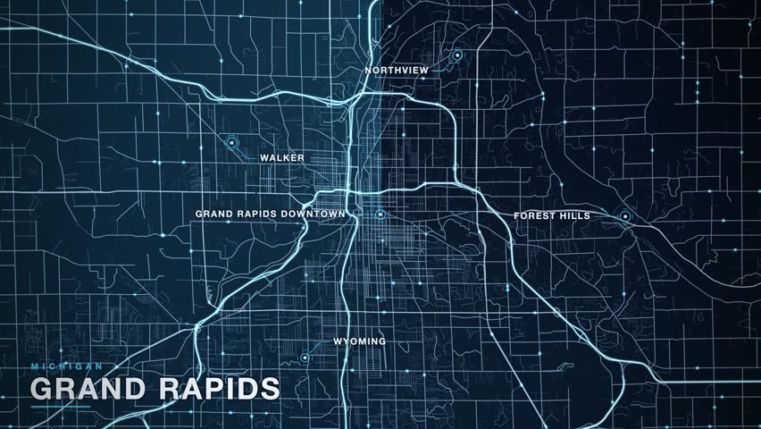 Map of Grand Rapids, Michigan, United States, with a glowing motorway and street network, travelling points of traffic light, a radar sweep and pulsing markers on key districts including Forest Hills, Wyoming, Walker, Northview, animated city navigation background, seamless loop animation.