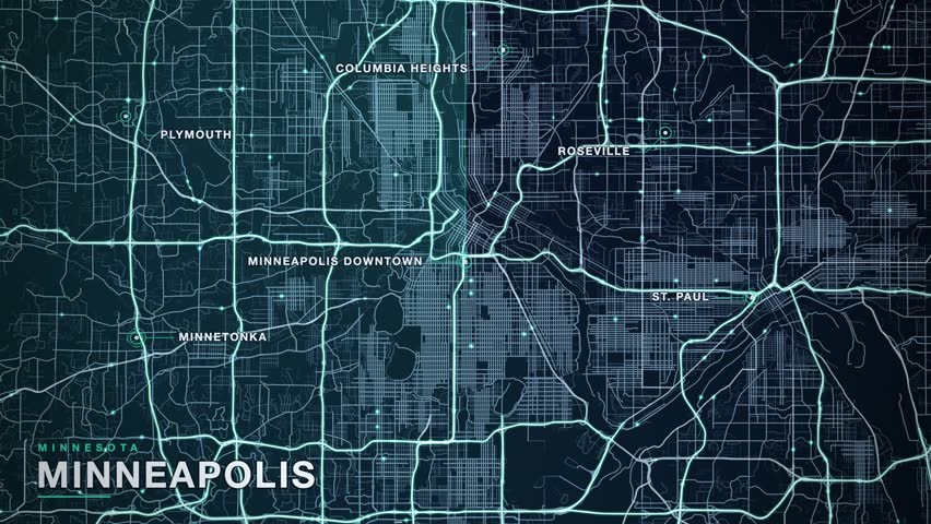 Map of Minneapolis, Minnesota, United States, with a glowing motorway and street network, travelling points of traffic light, a radar sweep and pulsing markers on key districts including St. Paul, Plymouth, Minnetonka, Roseville, animated city navigation background, seamless loop animation.