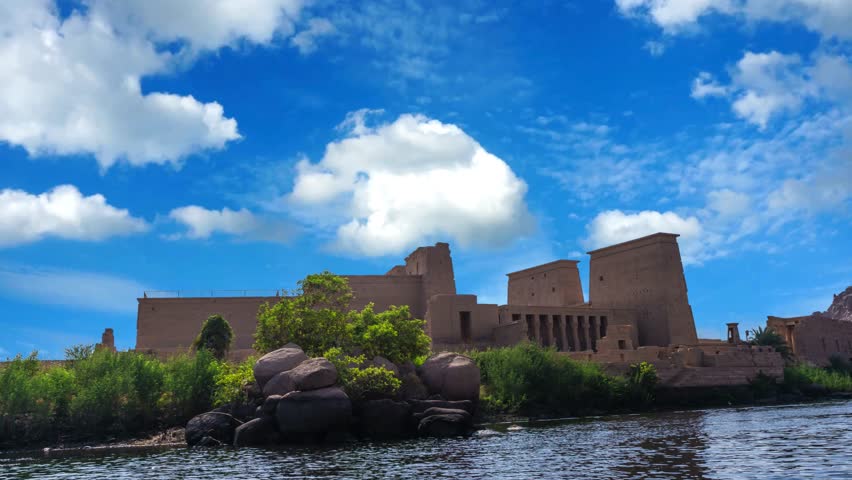 Aswan, Egypt  ancient Philae Temple on Nile river , dedicated to the goddess Isis,  Ancient Egyptian relicsEgyptian temple close up. Isis Temple in File island Egypt. Philae from the sea