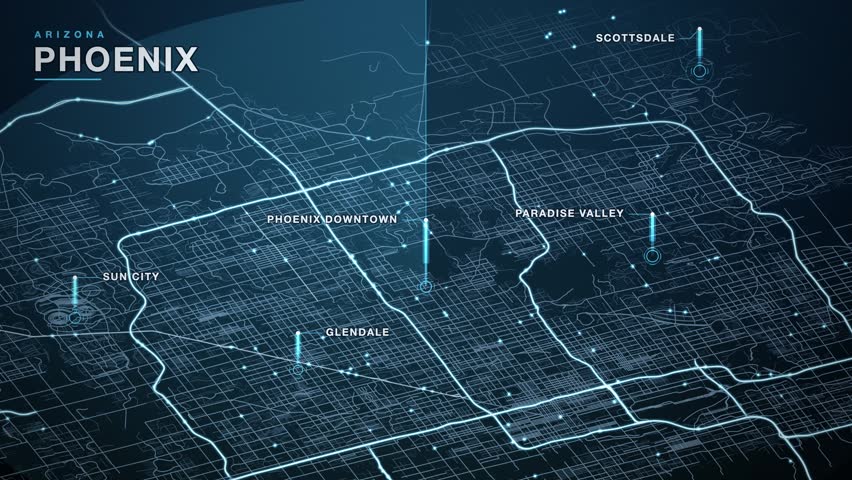 Map of Phoenix, Arizona, United States, in a tilted isometric view, glowing district towers rising from the street plane above a hazy horizon over districts including Scottsdale, Glendale, Paradise Valley, Sun City, animated city navigation background, seamless loop animation.