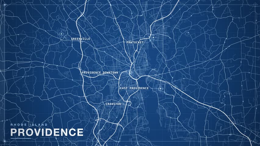 Map of Providence, Rhode Island, United States, drawn as a technical blueprint, fine white drafting lines on deep blue paper with survey crosshairs, a plotter scan line and labelled districts including Cranston, East Providence, Pawtucket, Greenville, animated city navigation background, seamless loop animation.