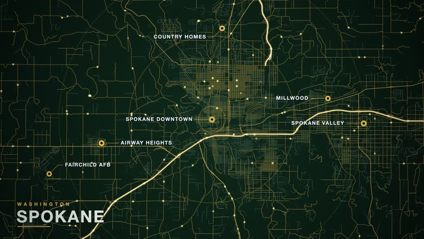 Map of Spokane, Washington, United States, styled as a printed circuit board, golden copper traces and solder pad markers on a dark green board across districts including Spokane Valley, Fairchild Afb, Airway Heights, Country Homes, animated city navigation background, seamless loop animation.