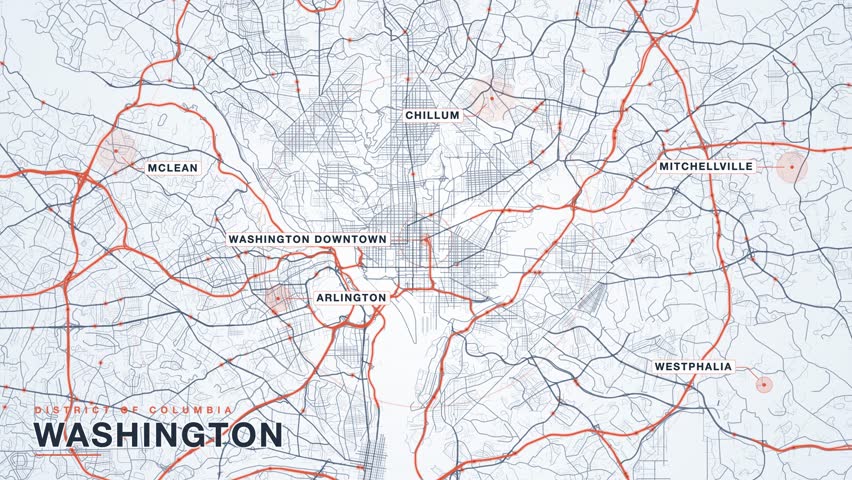 Map of Washington, District Of Columbia, United States, in a clean light minimal editorial style, dark street network and coral district markers on a bright background covering districts including Arlington, Mclean, Westphalia, Mitchellville, animated city navigation background, seamless loop animation.