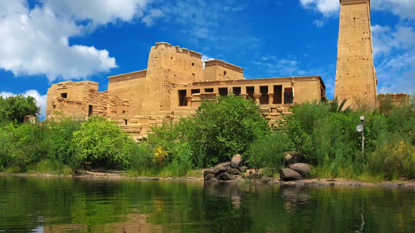Aswan, Egypt  ancient Philae Temple on Nile river , dedicated to the goddess Isis,  Ancient Egyptian relicsEgyptian temple close up. Isis Temple in File island Egypt. Philae from the sea