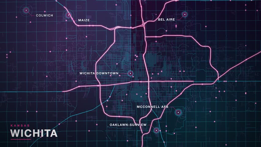 Map of Wichita, Kansas, United States, in neon cyberpunk night styling, magenta and cyan glowing streets with scanlines and octagon markers on districts including Maize, Bel Aire, Mcconnell Afb, Colwich, animated city navigation background, seamless loop animation.