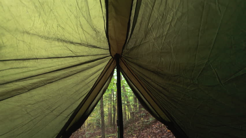 Camping Tent Surrounded By Forest In Shenandoah National Park, Virginia, USA. Static Shot