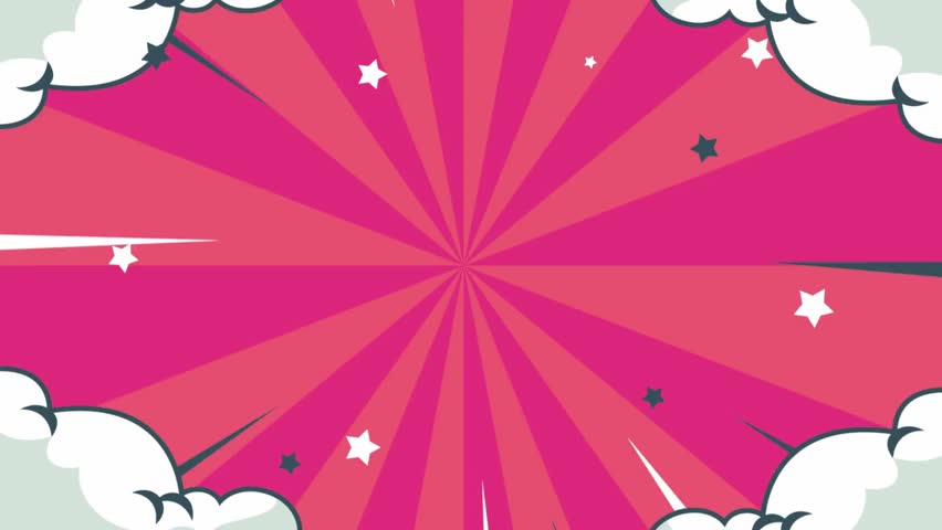 This footage shows a repeating comic book burst pattern with stars and speech bubbles in bright pink and red. The