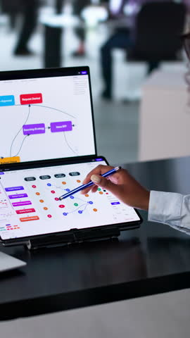 Business Analyst Reviews RACI Matrix Diagram Using Dual Touchscreen Laptop.