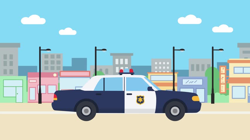 A flat 2D animated police car driving along a city street past urban buildings and under a clear sky. Suitable for law enforcement explainers, city traffic videos, emergency animations, and educational media.