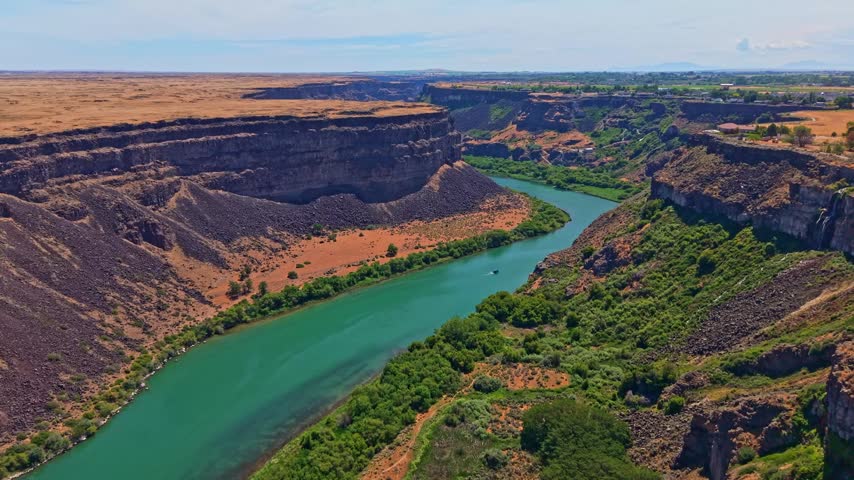 Scenic aerial view captures the Snake River winding through the canyon at Twin Falls